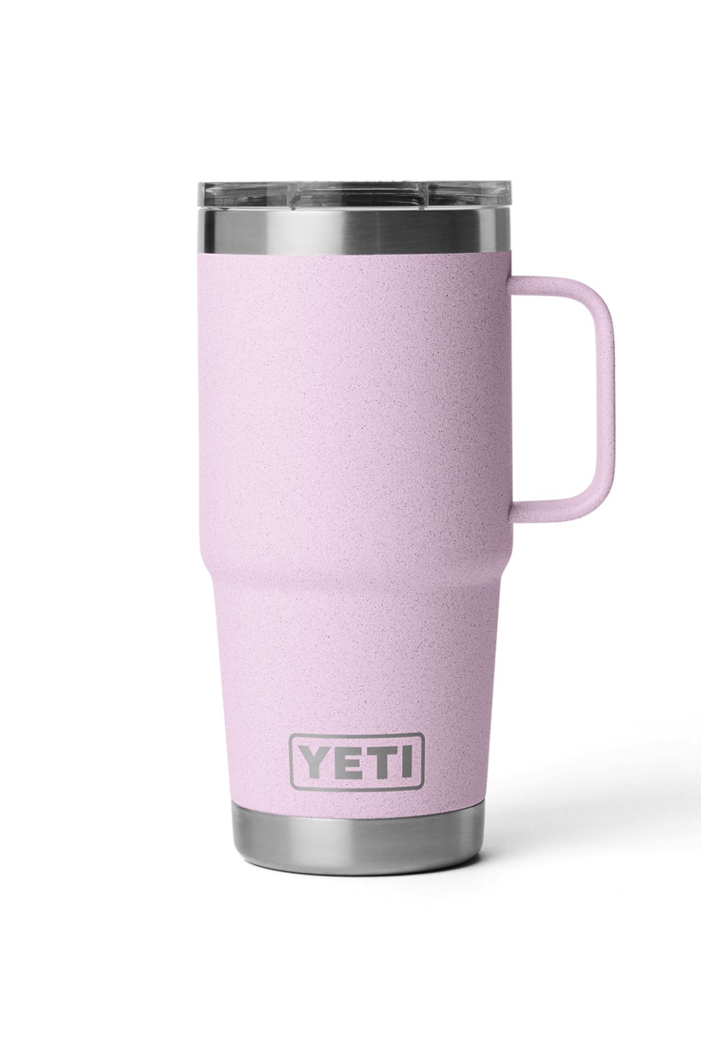 Pink YETI mug with a handle on a white background