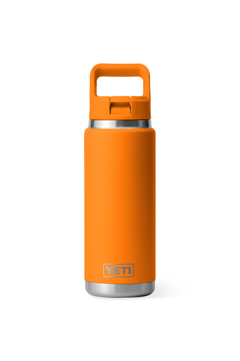 Orange YETI water bottle with a silver base on a white background