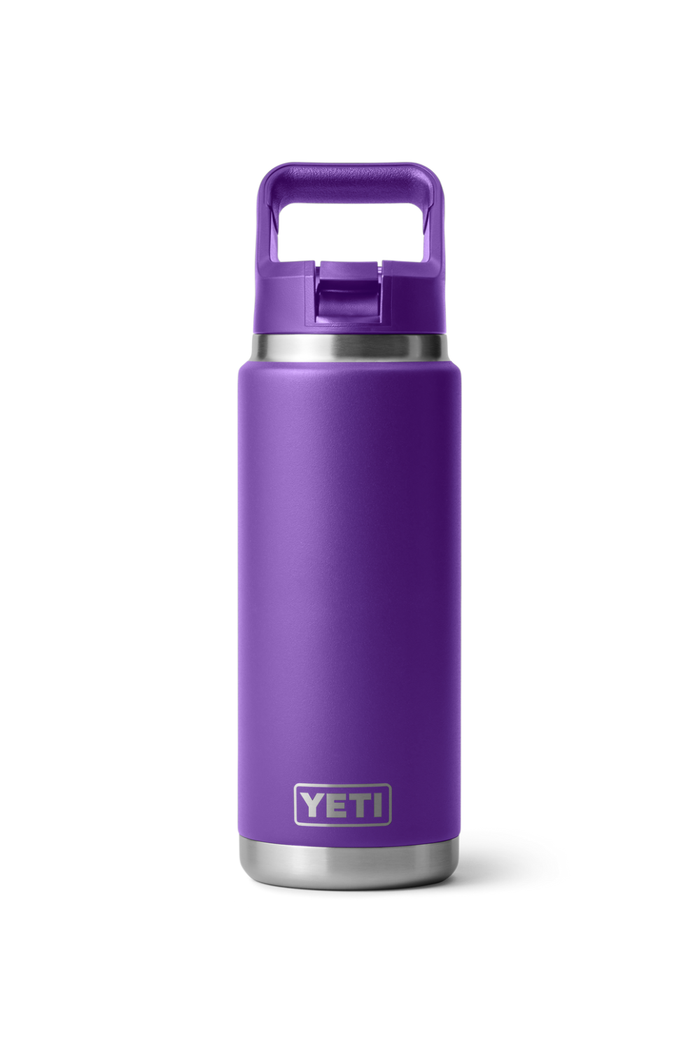A purple YETI insulated water bottle with a carry loop lid, featuring a stainless steel base and a silver YETI logo on the front, set against a plain white background.