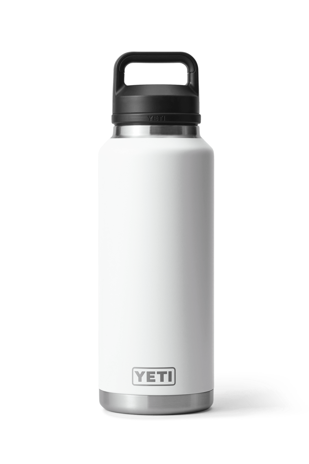 White YETI water bottle with a black lid on a white background