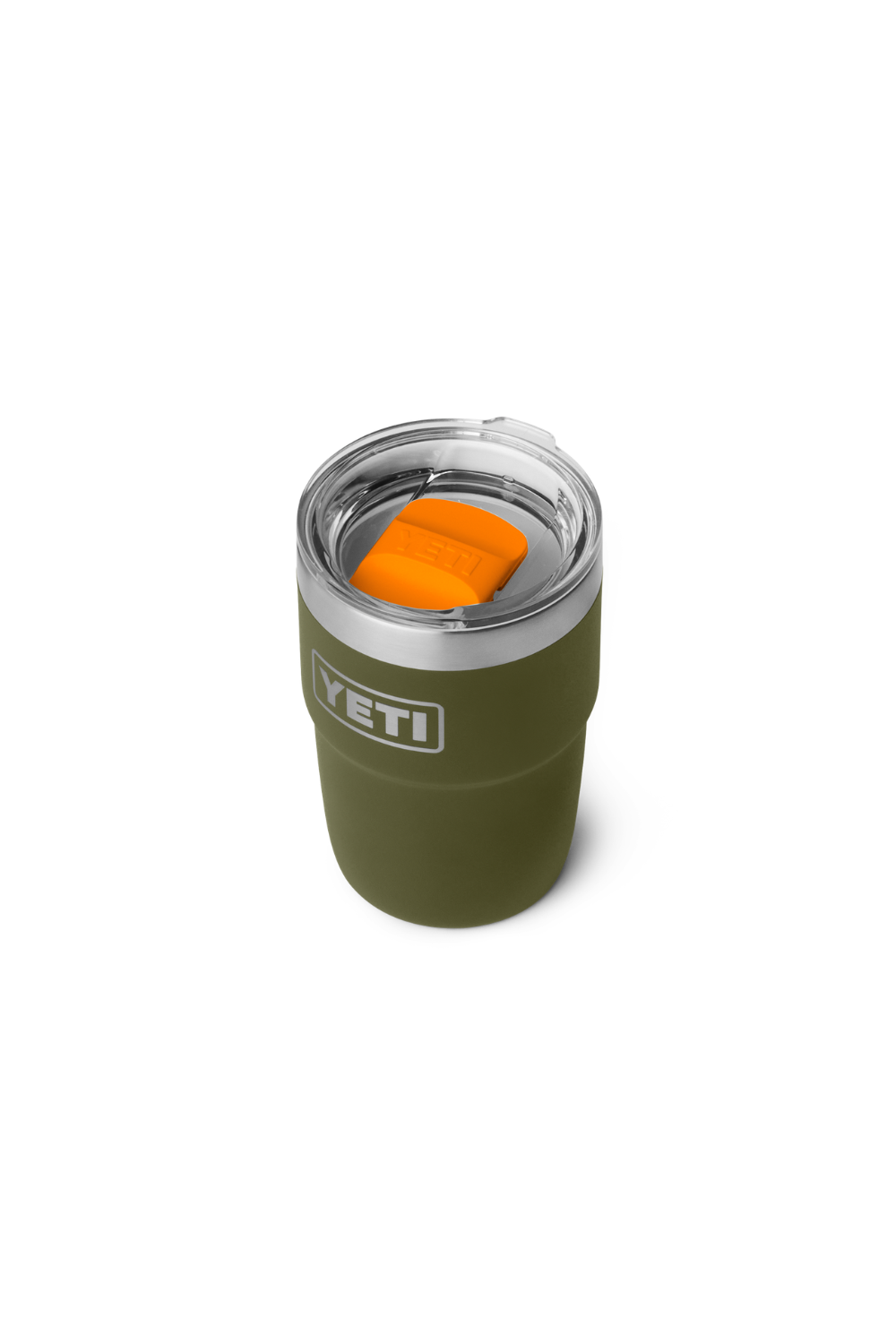 An olive green YETI insulated tumbler with a clear lid and an orange slide-top insert, shown on a plain white background.
