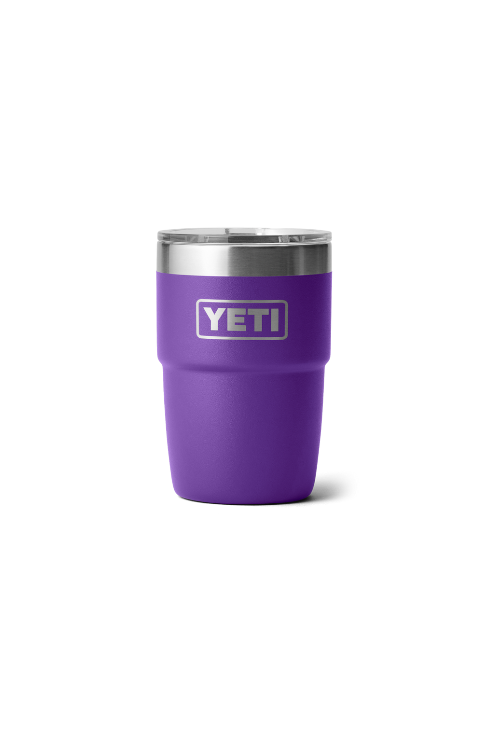 A purple YETI insulated travel tumbler with a stainless steel rim and a clear lid, shown on a plain white background.