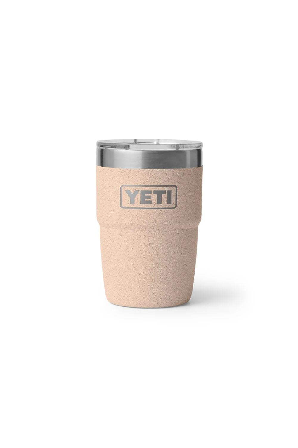 A YETI insulated travel tumbler in a light beige textured finish with a stainless steel rim and a silver YETI logo on the front, set against a plain white background.