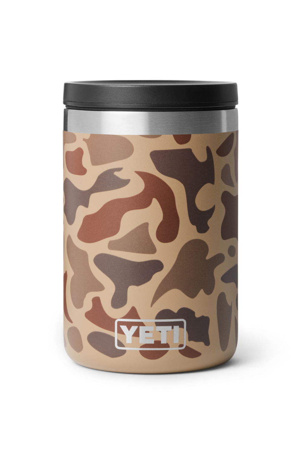 Brown camoflauge YETI food jar with black lid on a white background