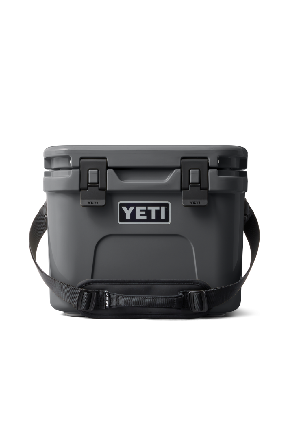 Dark grey YETI cooler with a white background