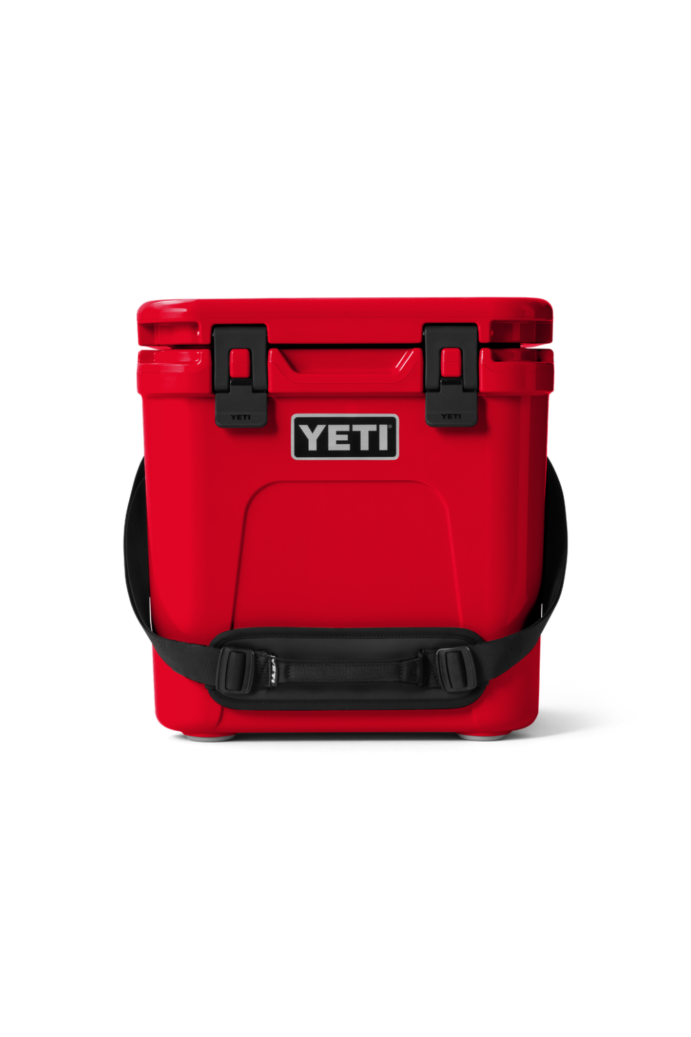 A red YETI cooler bag with black handles and a black shoulder strap, shown from the back on a white background.
