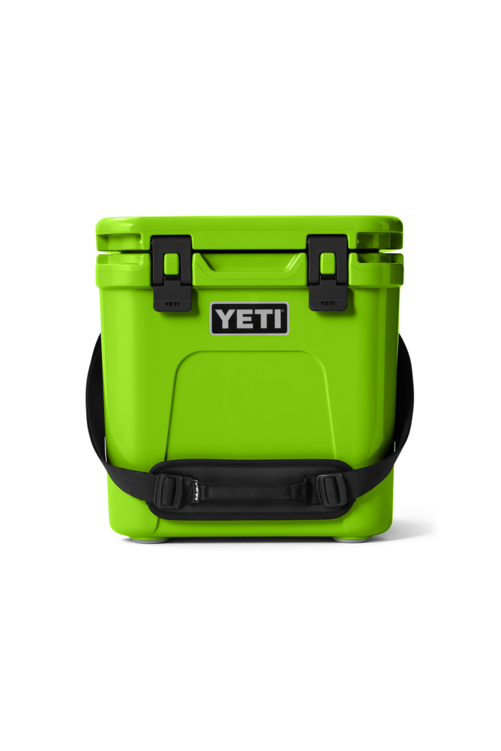Green Yeti cooler with black straps on a white background