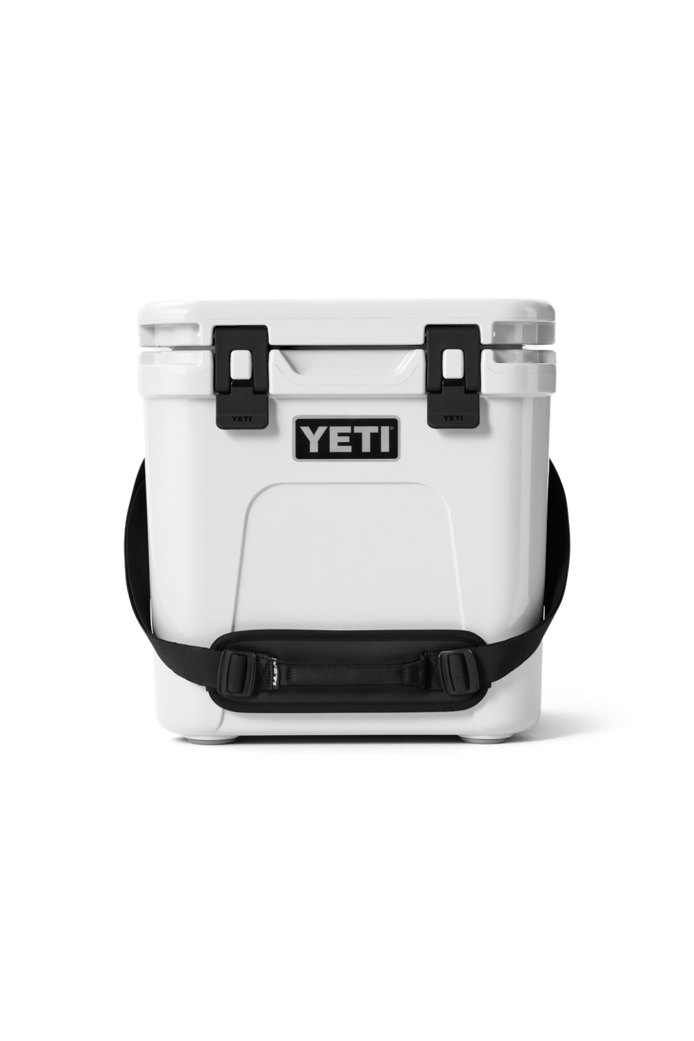 White cooler bag with black straps on a white background
