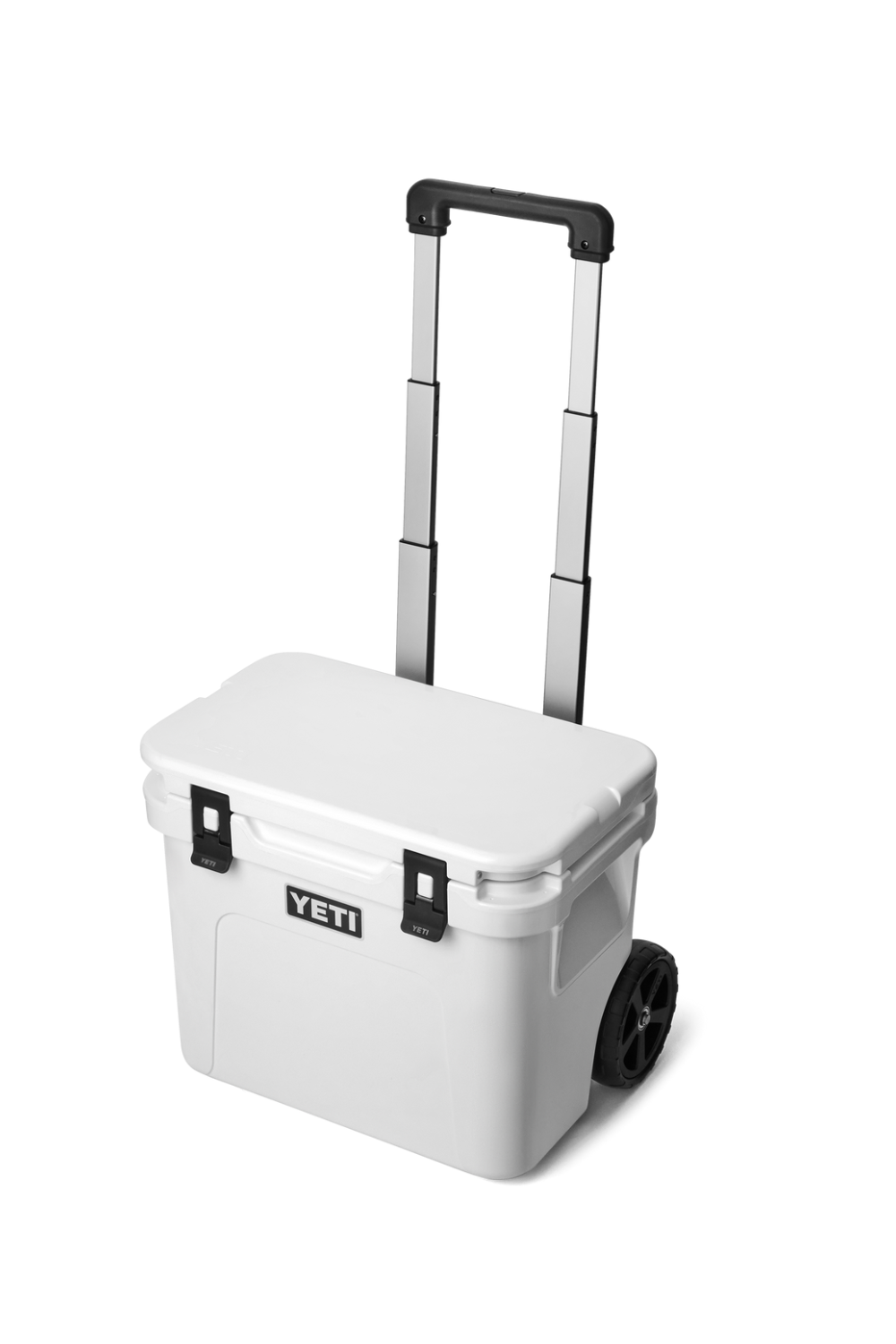 White Yeti cool box with wheels and handle on a white background