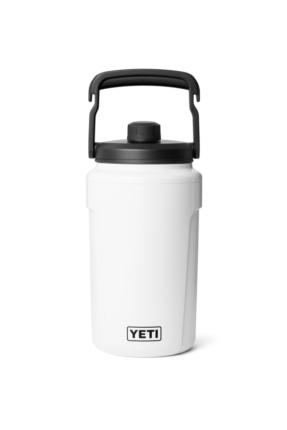 A white YETI water bottle with a black lid and handle, shown on a clean white background.