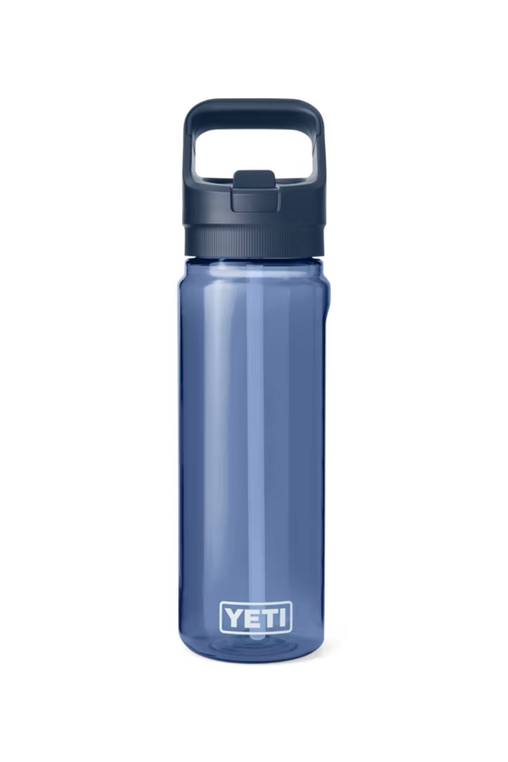 Blue YETI water bottle with a navy cap on a white background