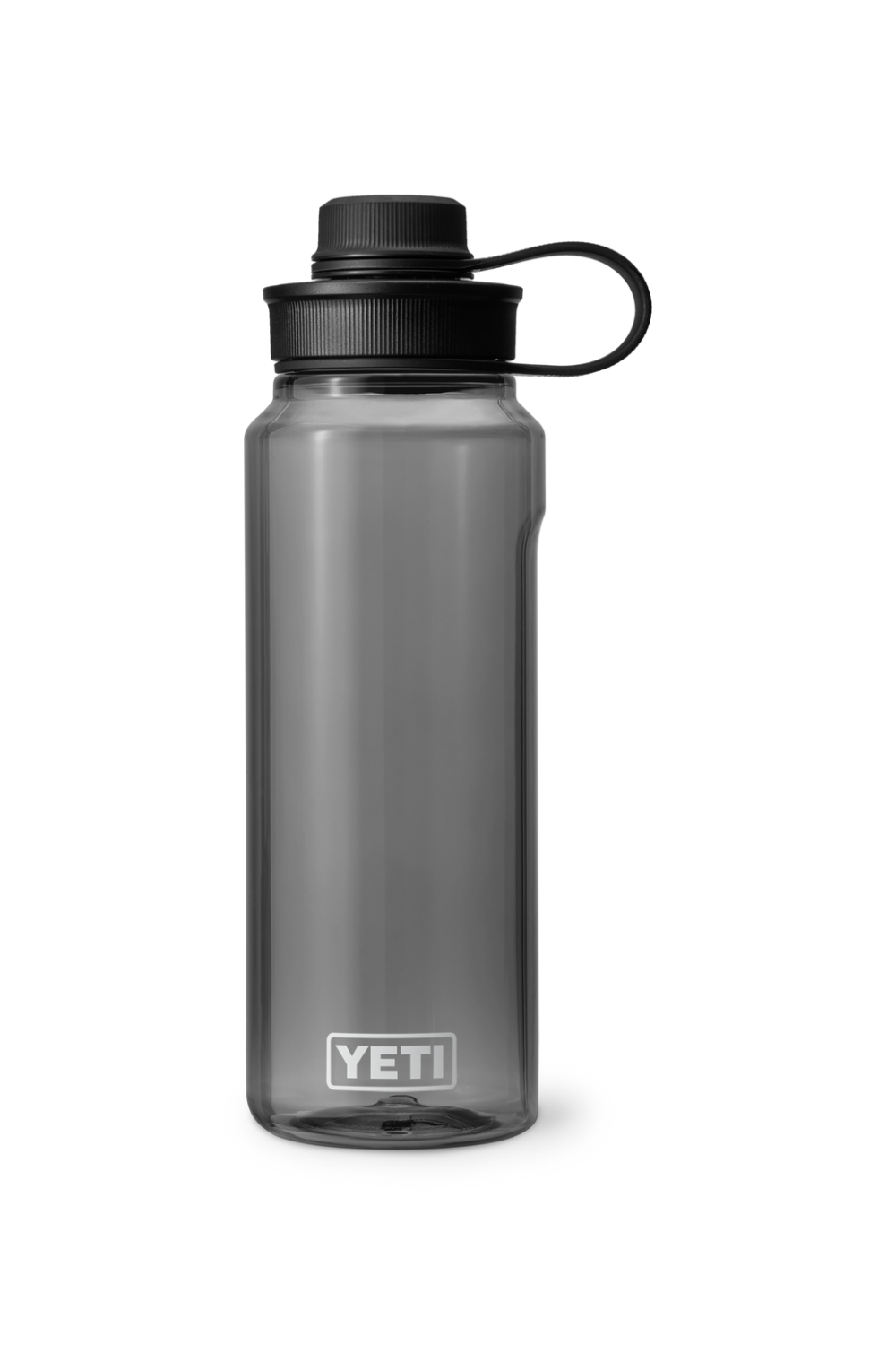 A YETI water bottle in translucent dark gray with a black screw-on lid and carrying loop, shown on a plain white background.