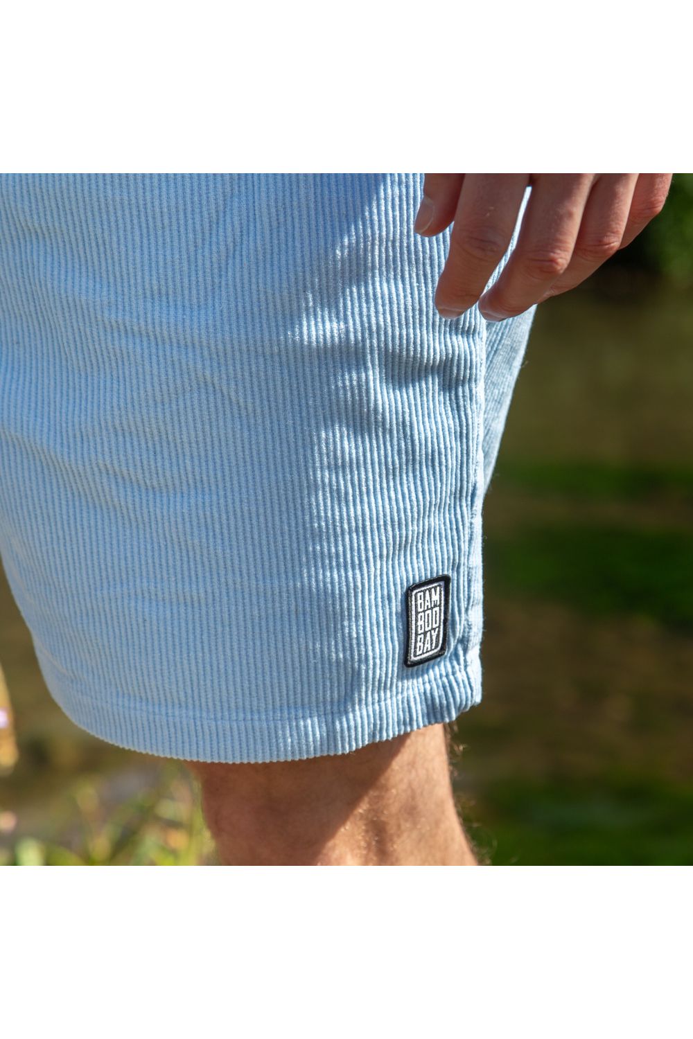 Bamboobay Cord Shorts in light blue front left leg logo