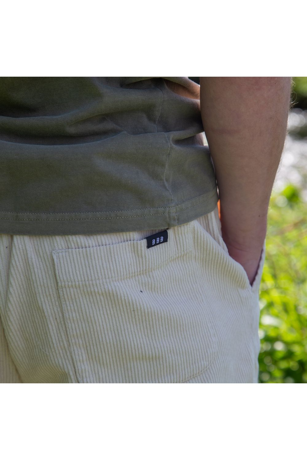 Bamboobay cord shorts in sand yellow back pocket view