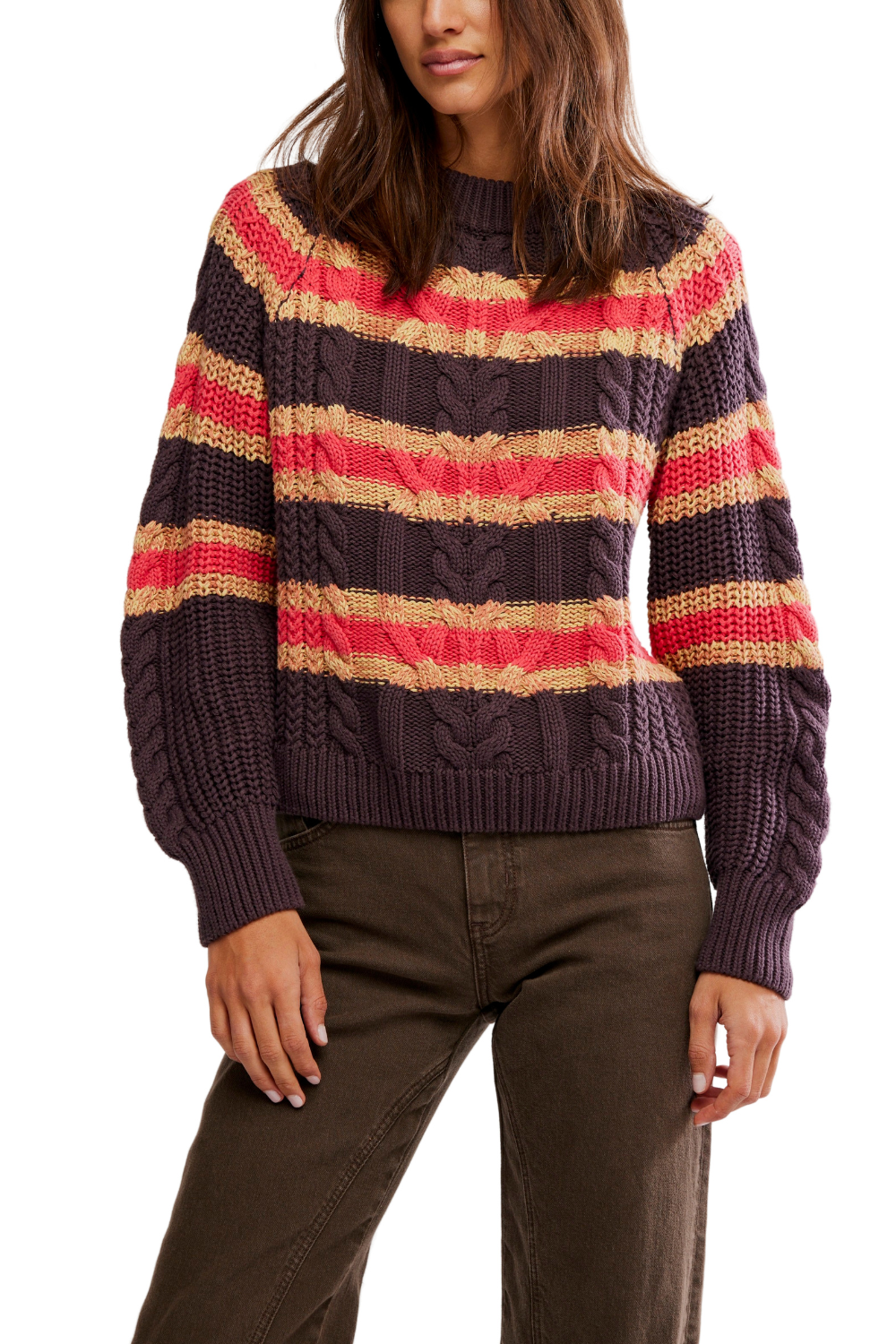 Free People Frankie Cable Striped Pullover Chocolate Combo