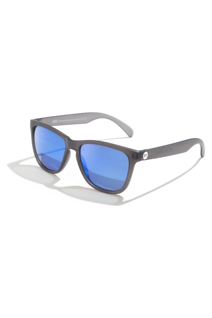 A pair of medium-sized, grey blue wayfarer style sunglasses with blue polarized lenses.