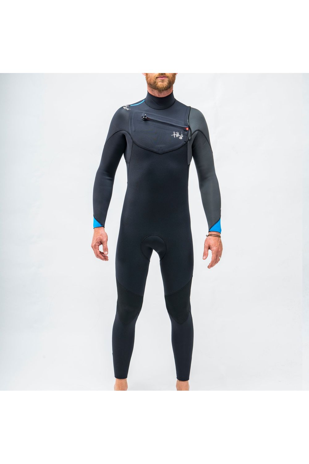 Mens Tech 3/2 GBS Steamer Wetsuit Chest Zip Black Blue