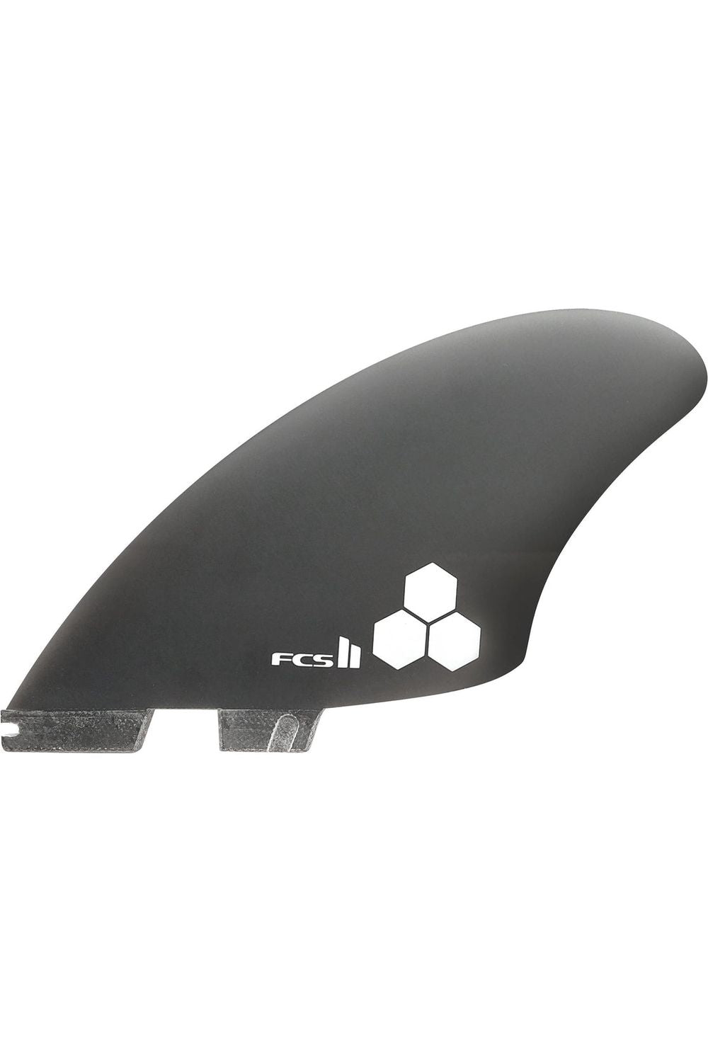 Black surfboard fin with the FCS II logo on it.