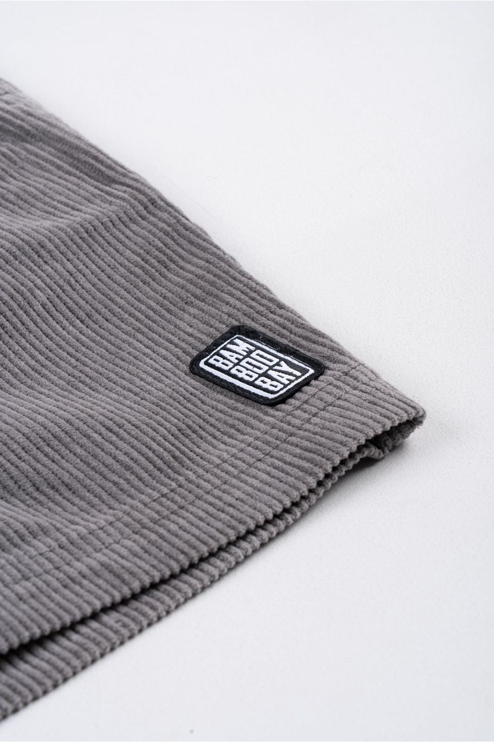 Bamboobay grey cord shorts front stiitched logo