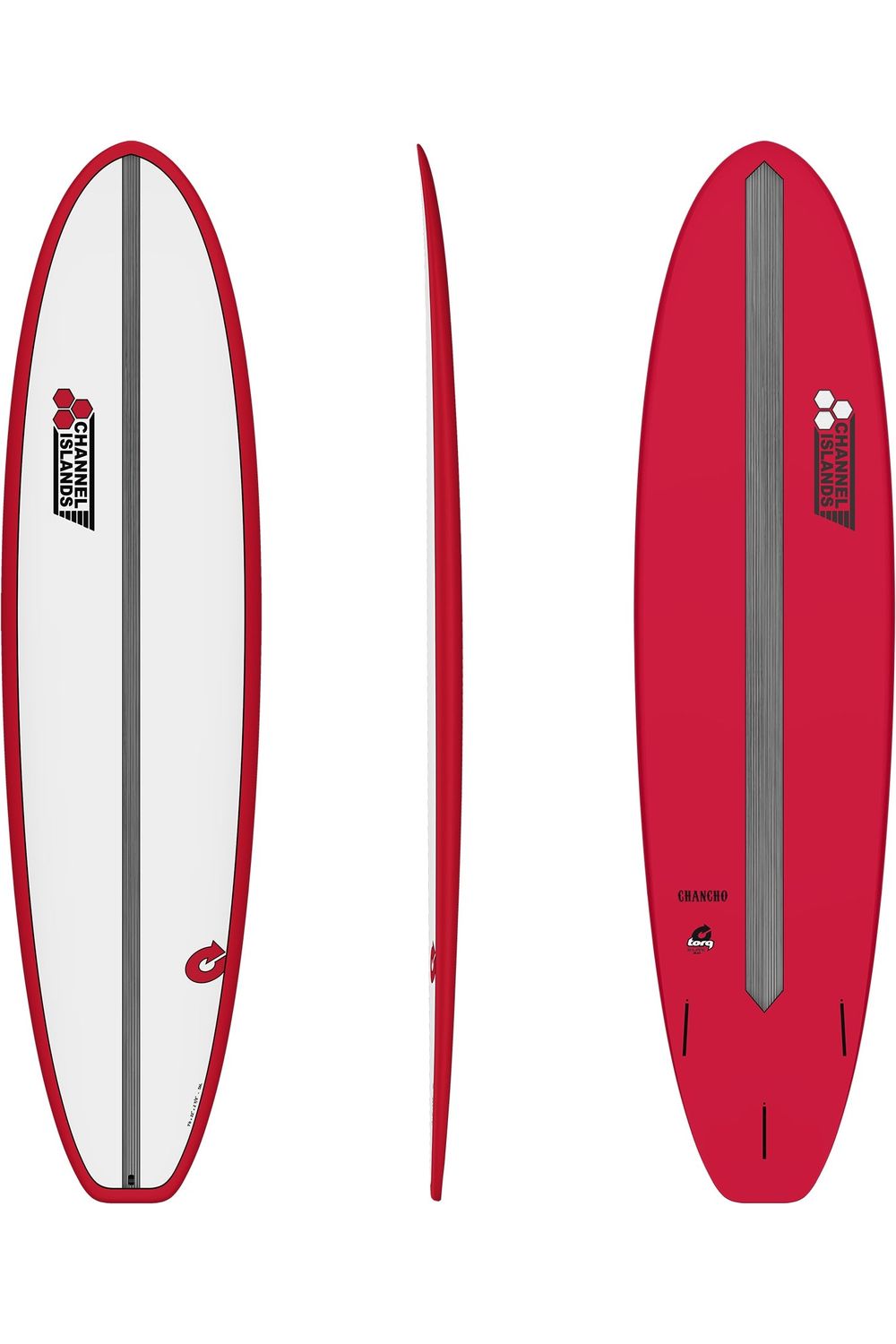 Top, bottom and side profile of the Torq Xlite Chancho surfboard in red white