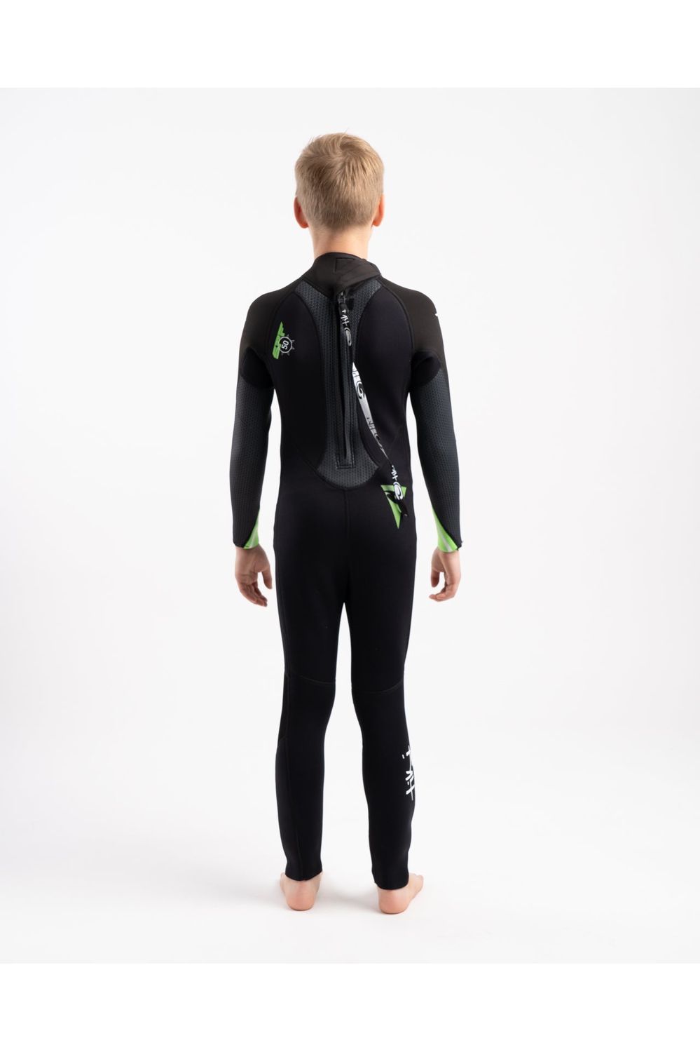 Tiki Tech Junior 3/2 Wetsuit With Back Zip in Black & Green