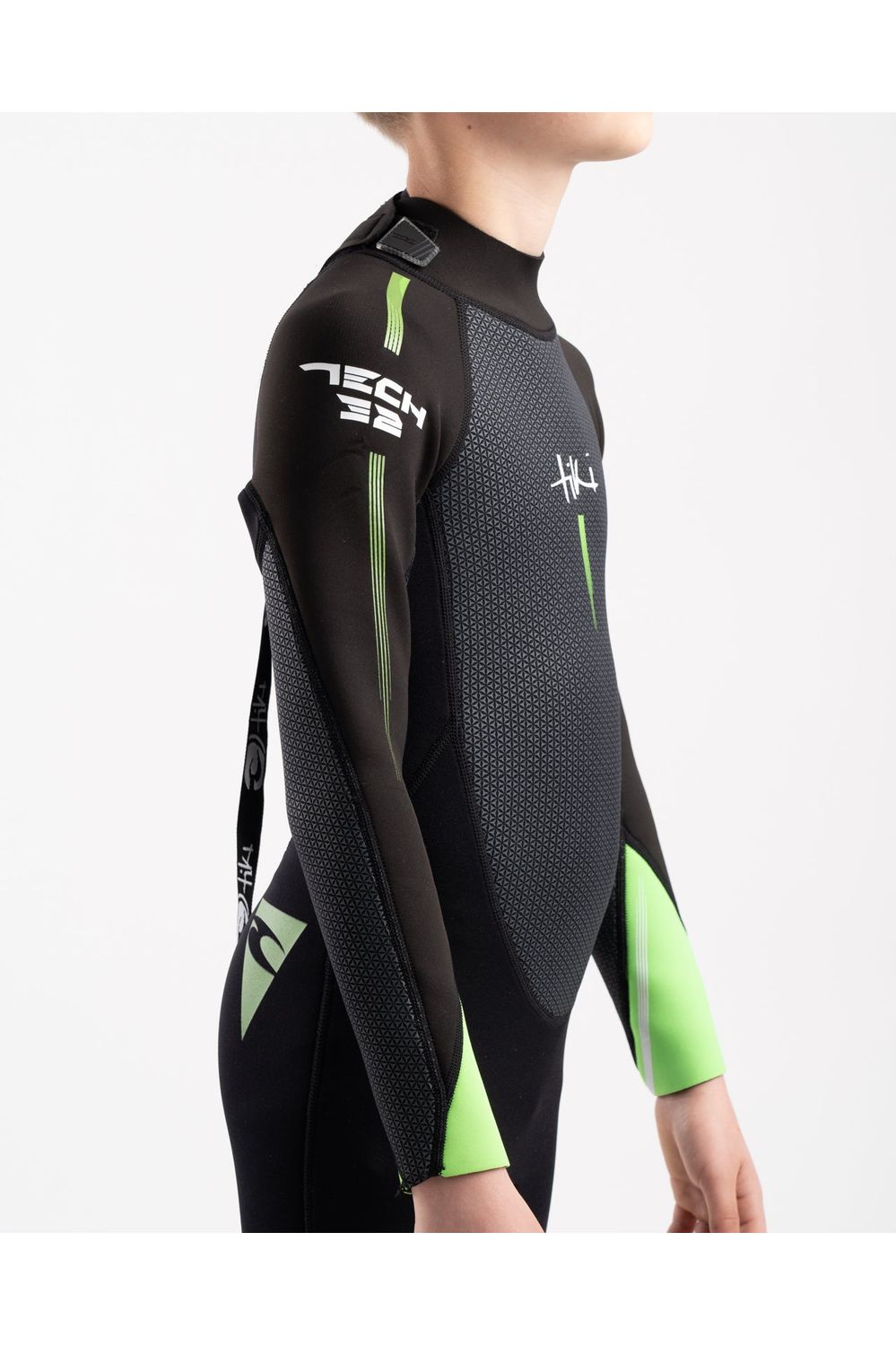 Tiki Tech Junior 3/2 Wetsuit With Back Zip in Black & Green