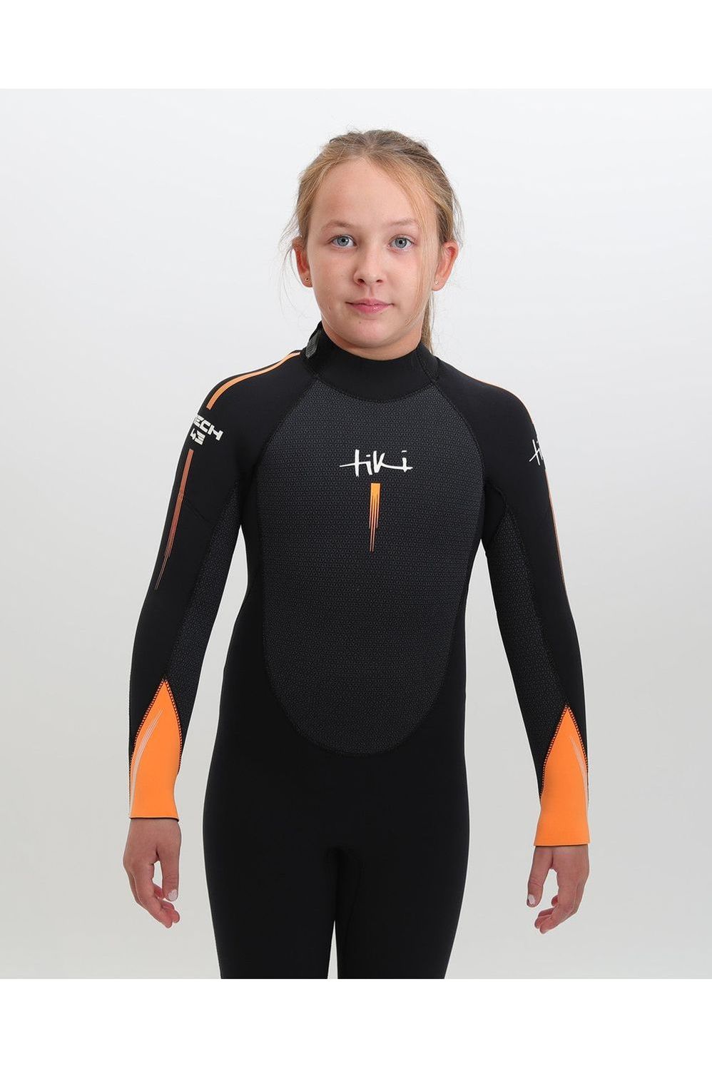 Tiki Junior Tech 4/3 Wetsuit GBS Steamer - Back Zip - Black/Orange