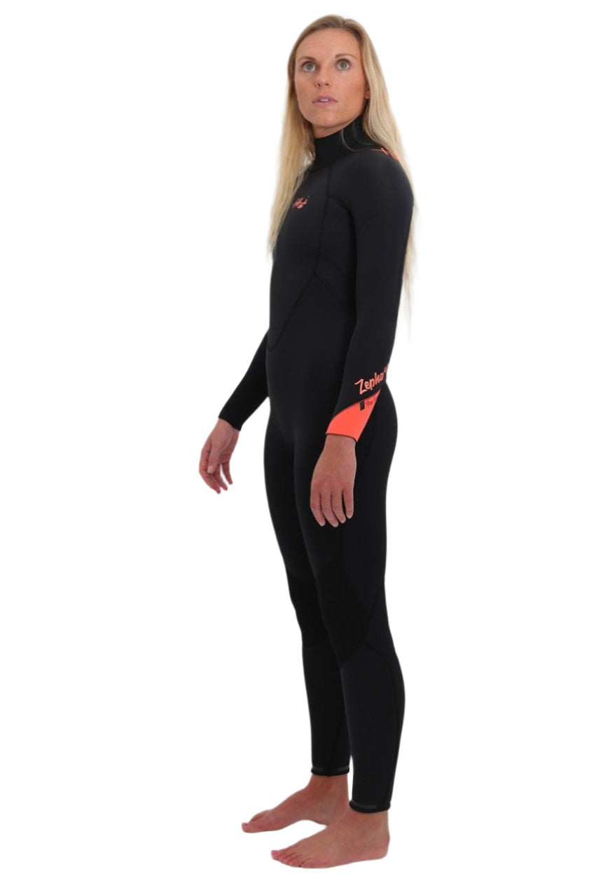 Tiki Women's Zepha2 4/3 Wetsuit GBS - Back Zip - Black/Peach