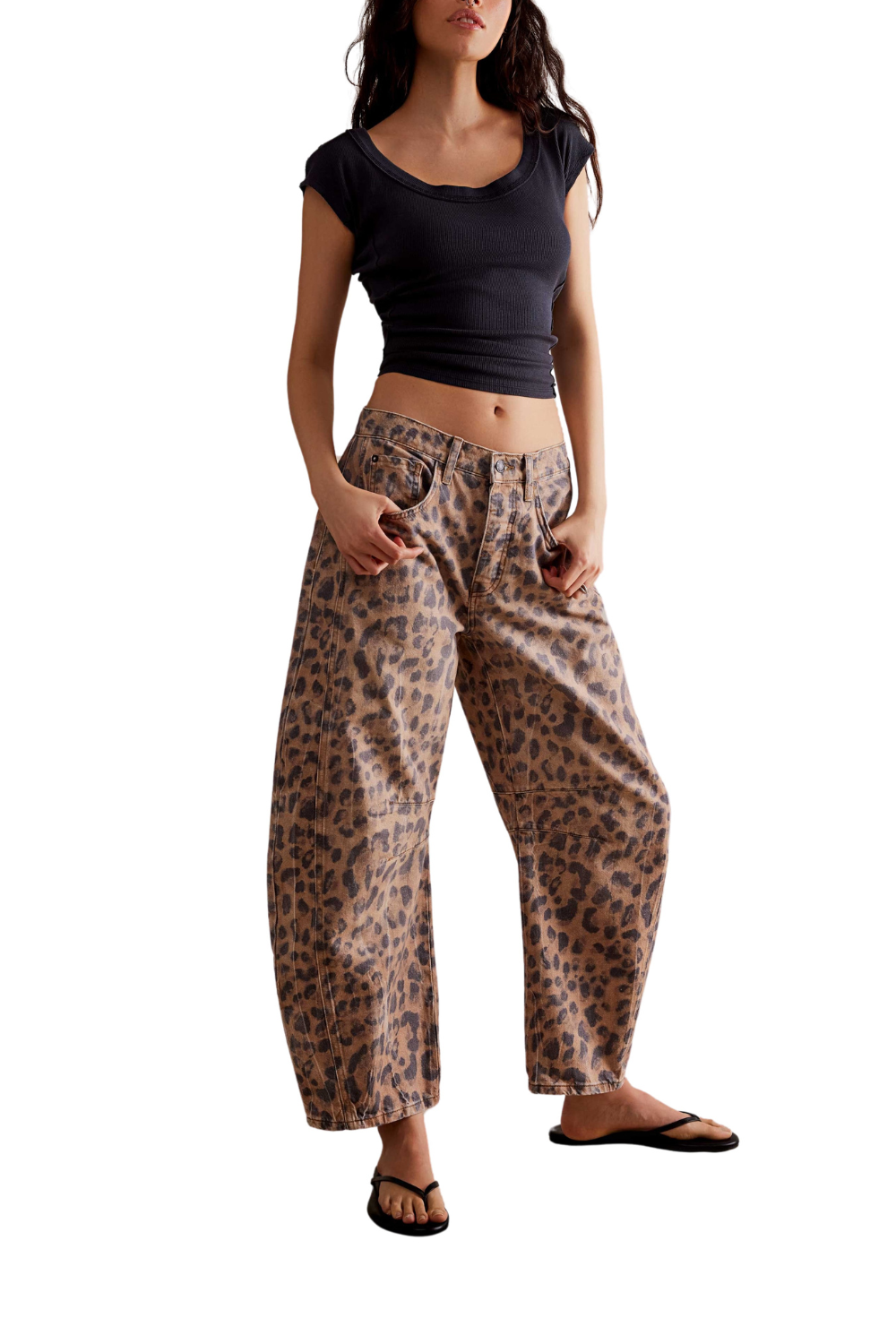 Free People Good Luck Printed Barrel Jeans Brown Sugar Combo