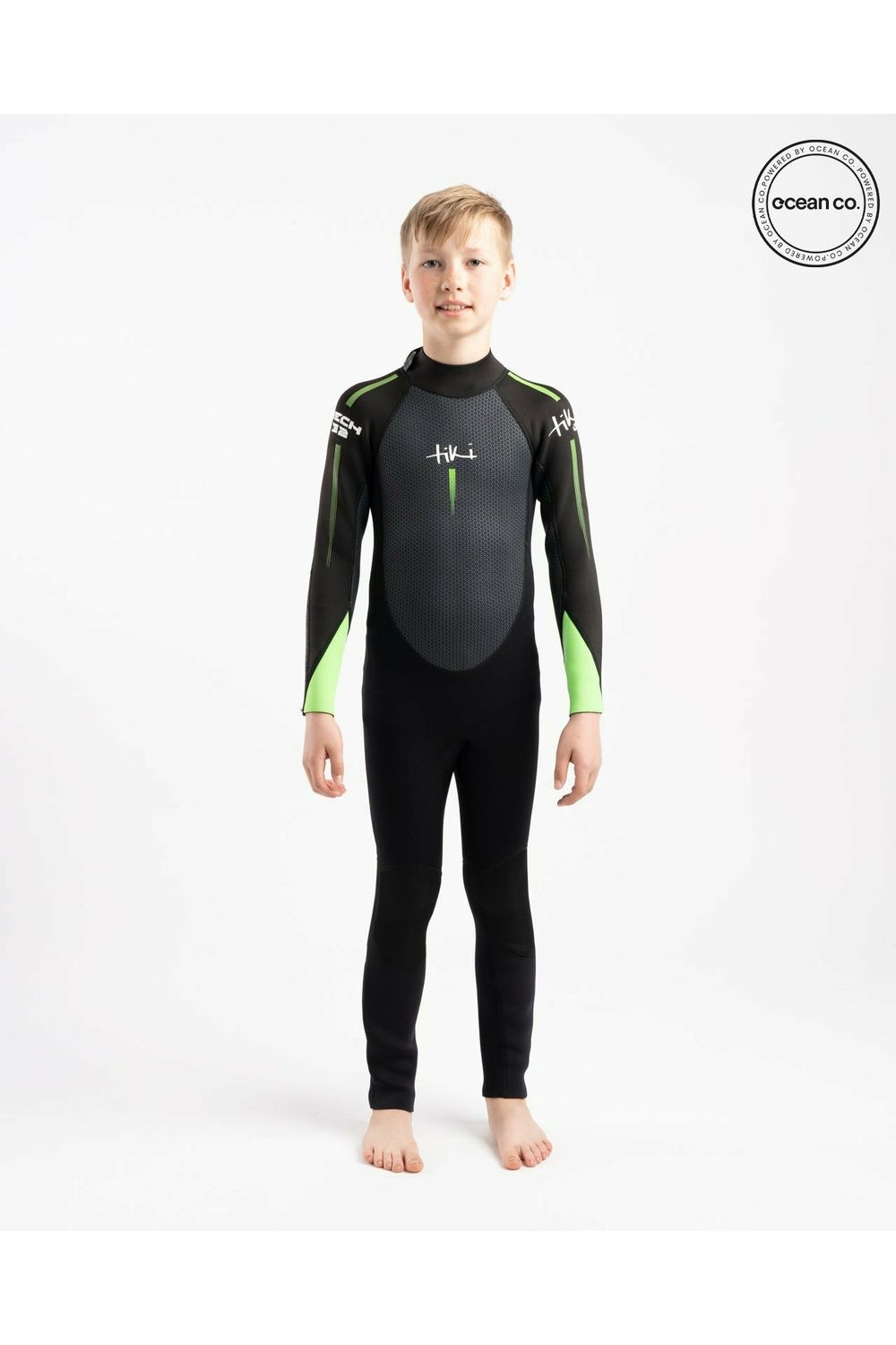 Tiki Tech Junior 3/2 Wetsuit With Back Zip in Black & Green