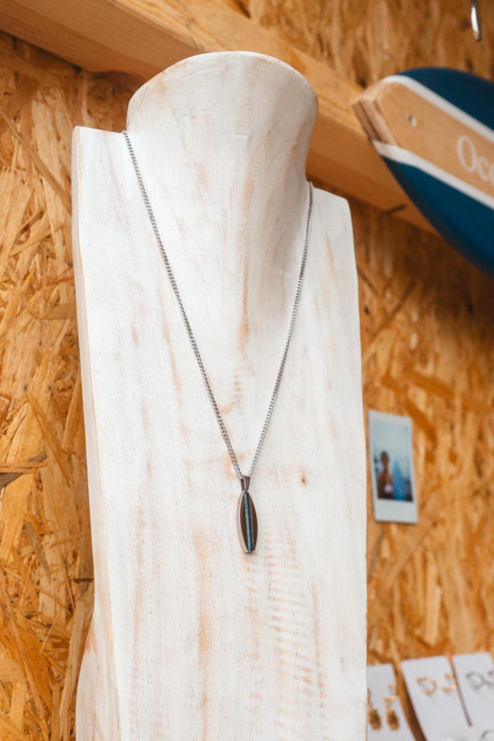 Ocean Jewel Crushed Stone Pinstripe Surfboard Pendant Necklace Silver