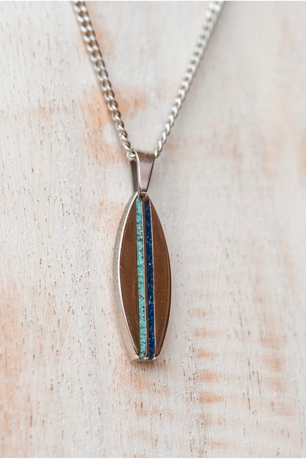 Ocean Jewel Crushed Stone Pinstripe Surfboard Pendant Necklace Silver