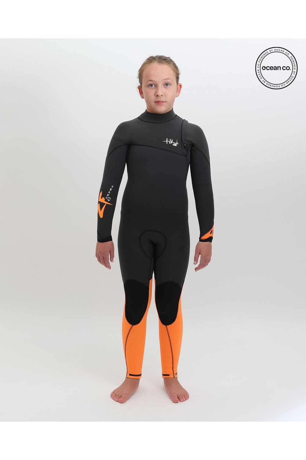 Tiki Youth Zepha 4/3 Wetsuit GBS Zip Free Steamer - Graphite/Orange