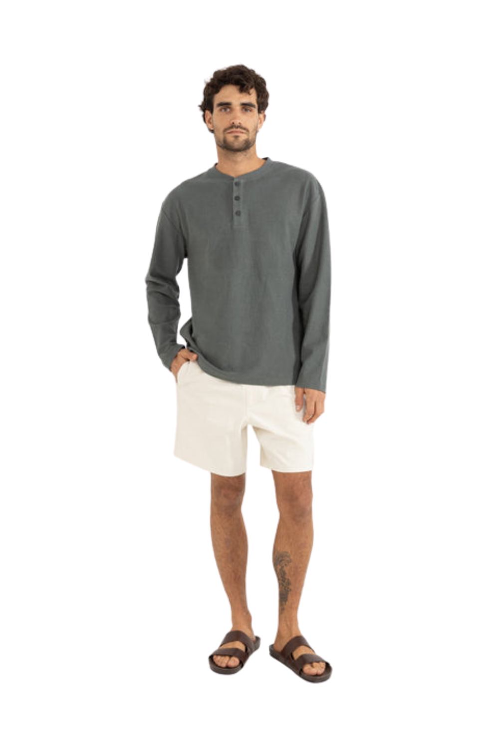 Rhythm Vintage Terry Henley Long Sleeve T-Shirt Silver Pine