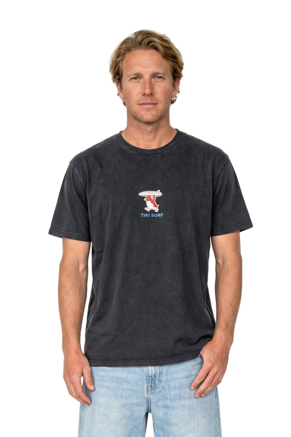 Tiki Penguin Mens T-Shirt Stone Wash Black