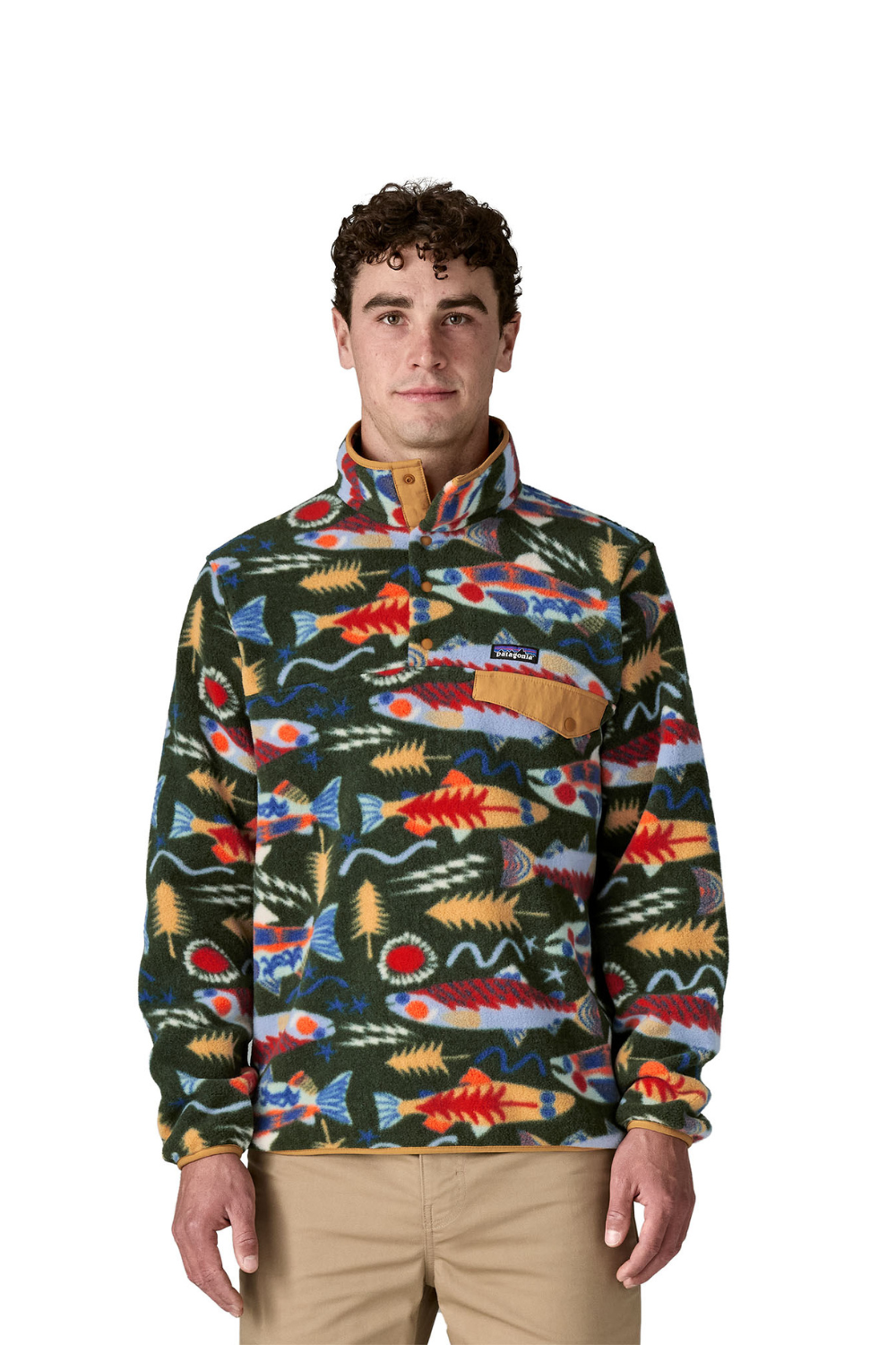 Patagonia Mens Light Weight Synch Snap-T Pullover Salmon Energy Old Growth Green