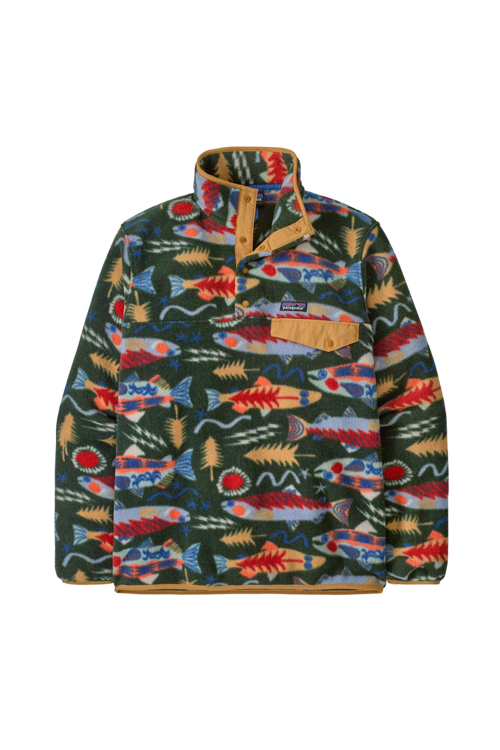 Patagonia Mens Light Weight Synch Snap-T Pullover Salmon Energy Old Growth Green