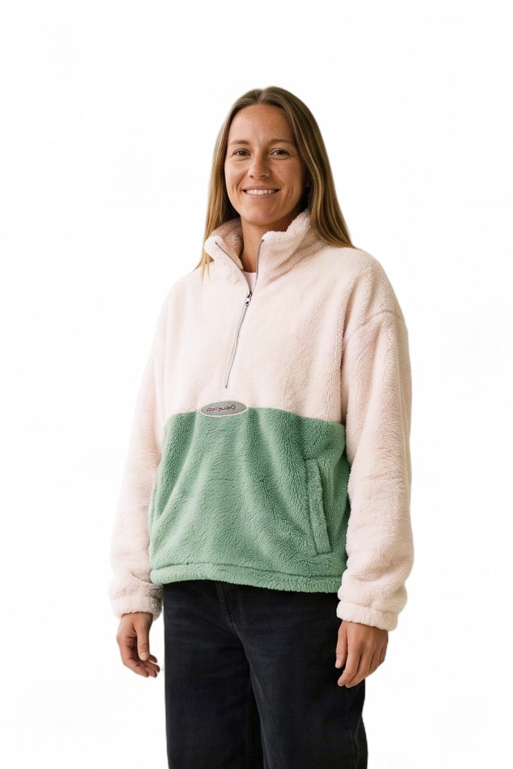 Tiki Hibiscus Womens 1/4 Zip Pullover Fleece Cream/Green