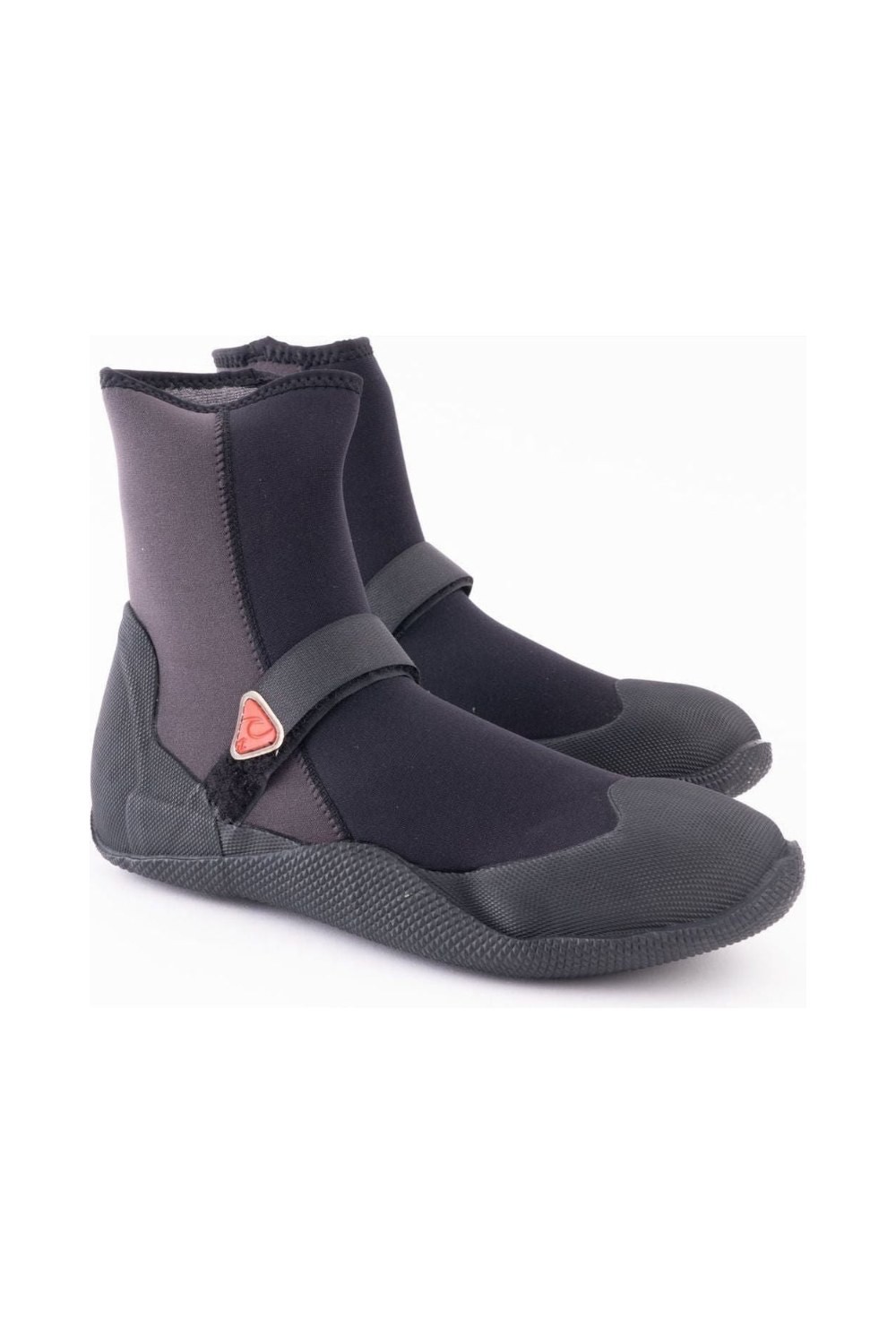 Pair of black neoprene boots with a red triangle logo on a white background