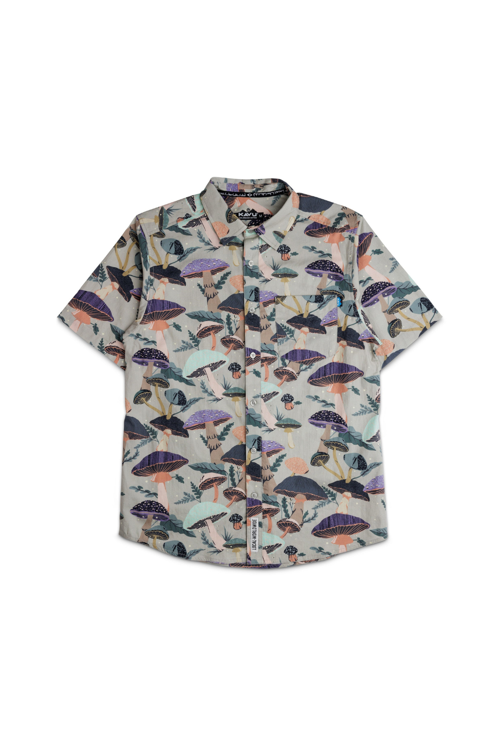 Short-sleeve shirt with mushroom pattern on a white background