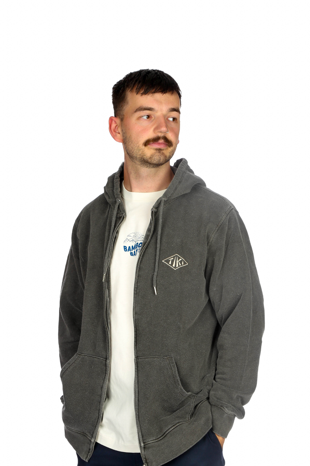 Tiki Retro Shark Zip Hood Washed Black