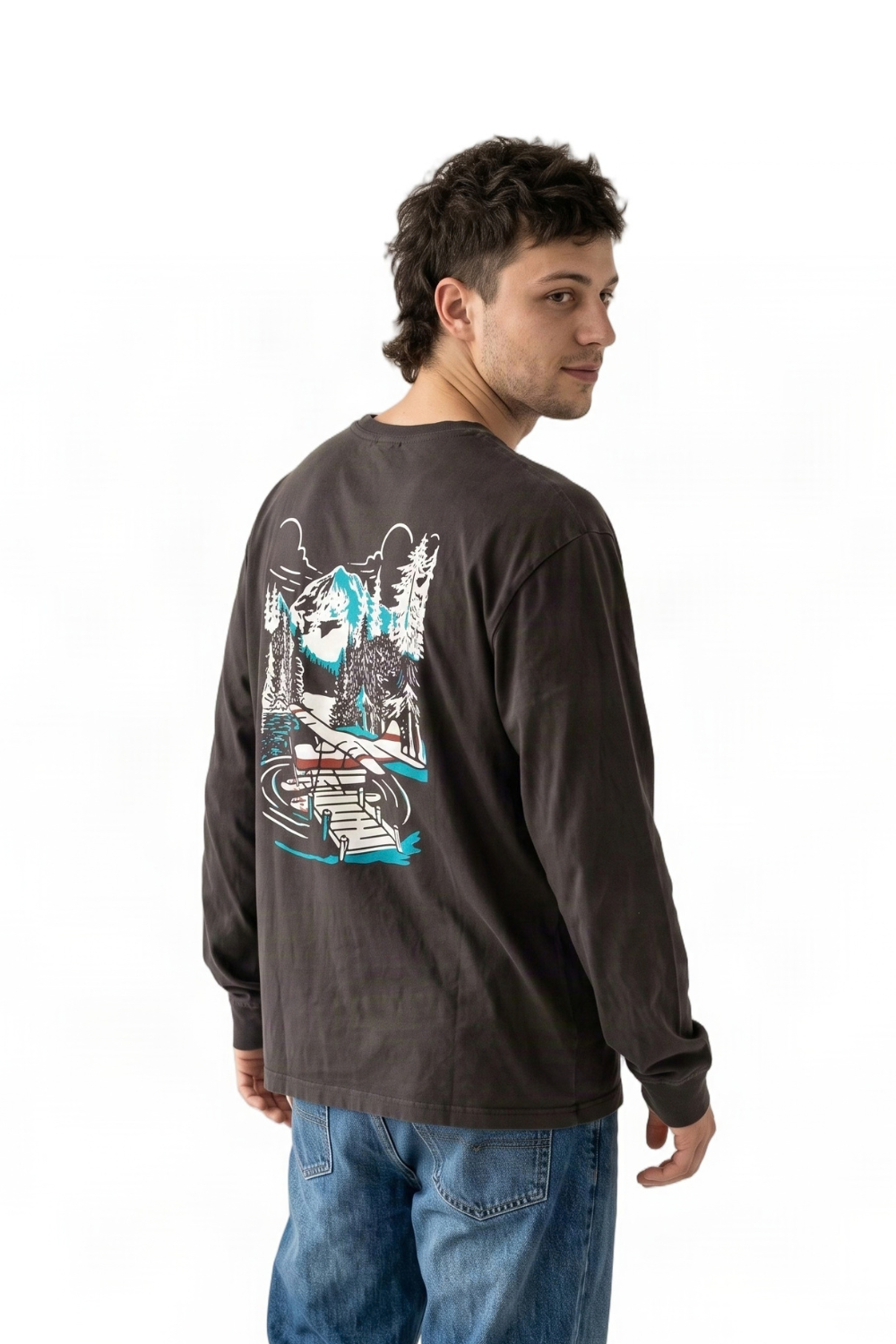 BamBooBay Seaplane Mens Long Sleeve T-Shirt Faded Olive Black