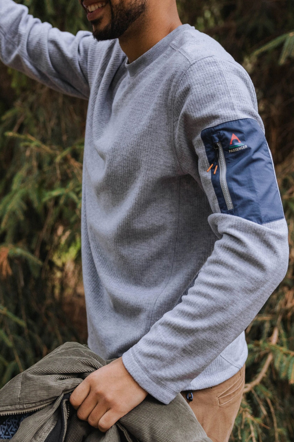 Passenger Forestscape Mens Grid Fleece Crewneck Sweatshirt Grey Marl