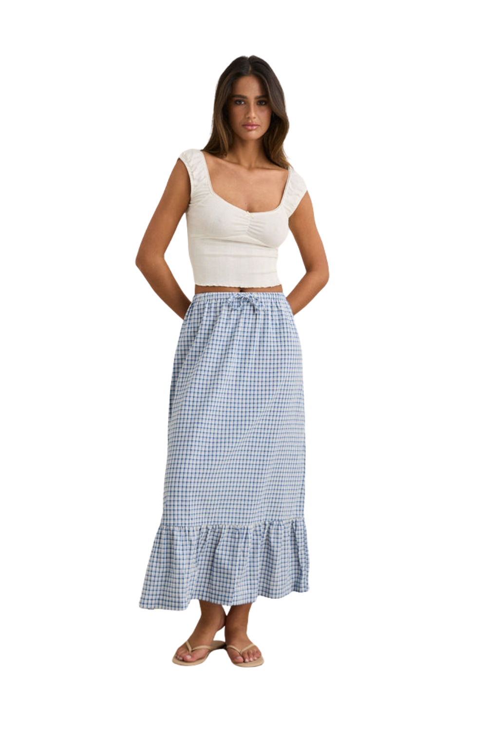 Rhythm Lola Womens Check Tiered Maxi Skirt Blue