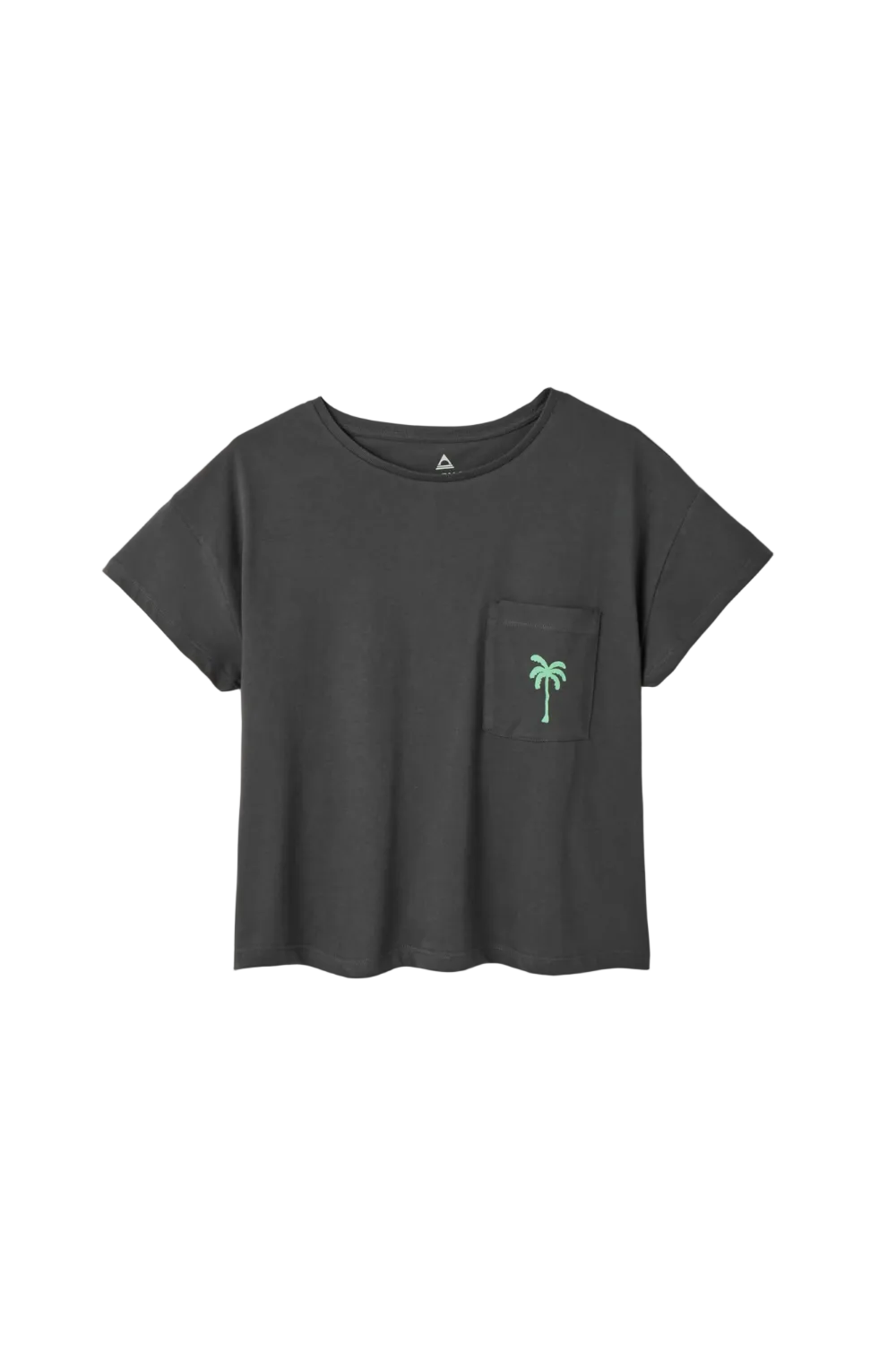 Black t-shirt with a palm tree design on a white background
