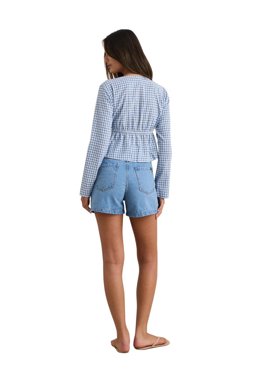 Rhythm Lola Womens Check Tie Front Long Sleeve Top Blue