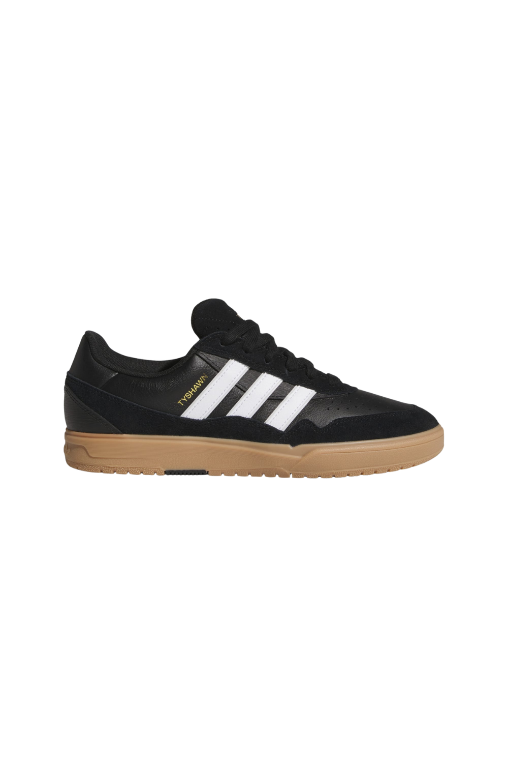 Black Adidas sneaker with white stripes and gum sole on a white background