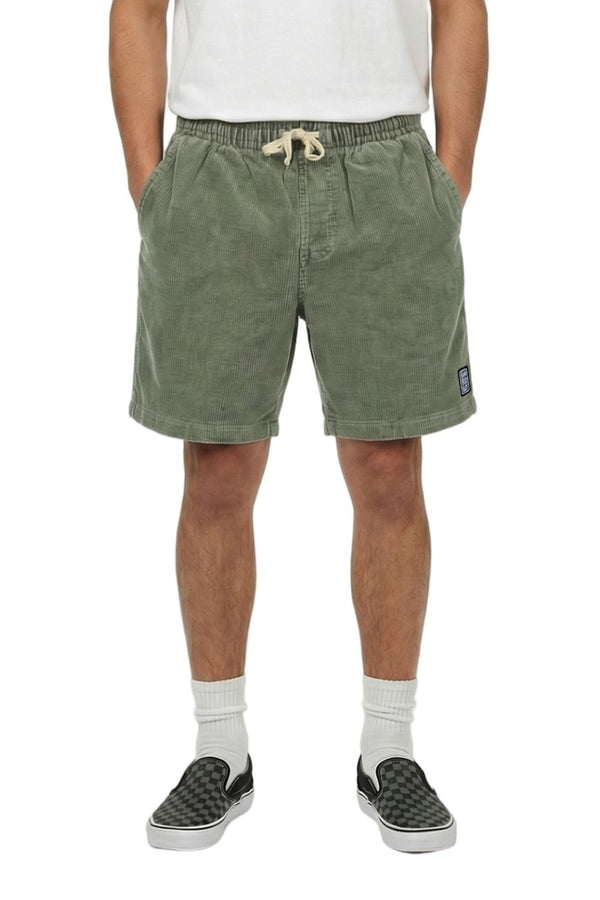 Person wearing green corduroy shorts with a brand logo on a white background