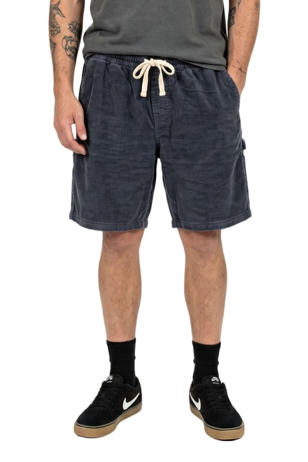 Person wearing navy shorts with a drawstring.
