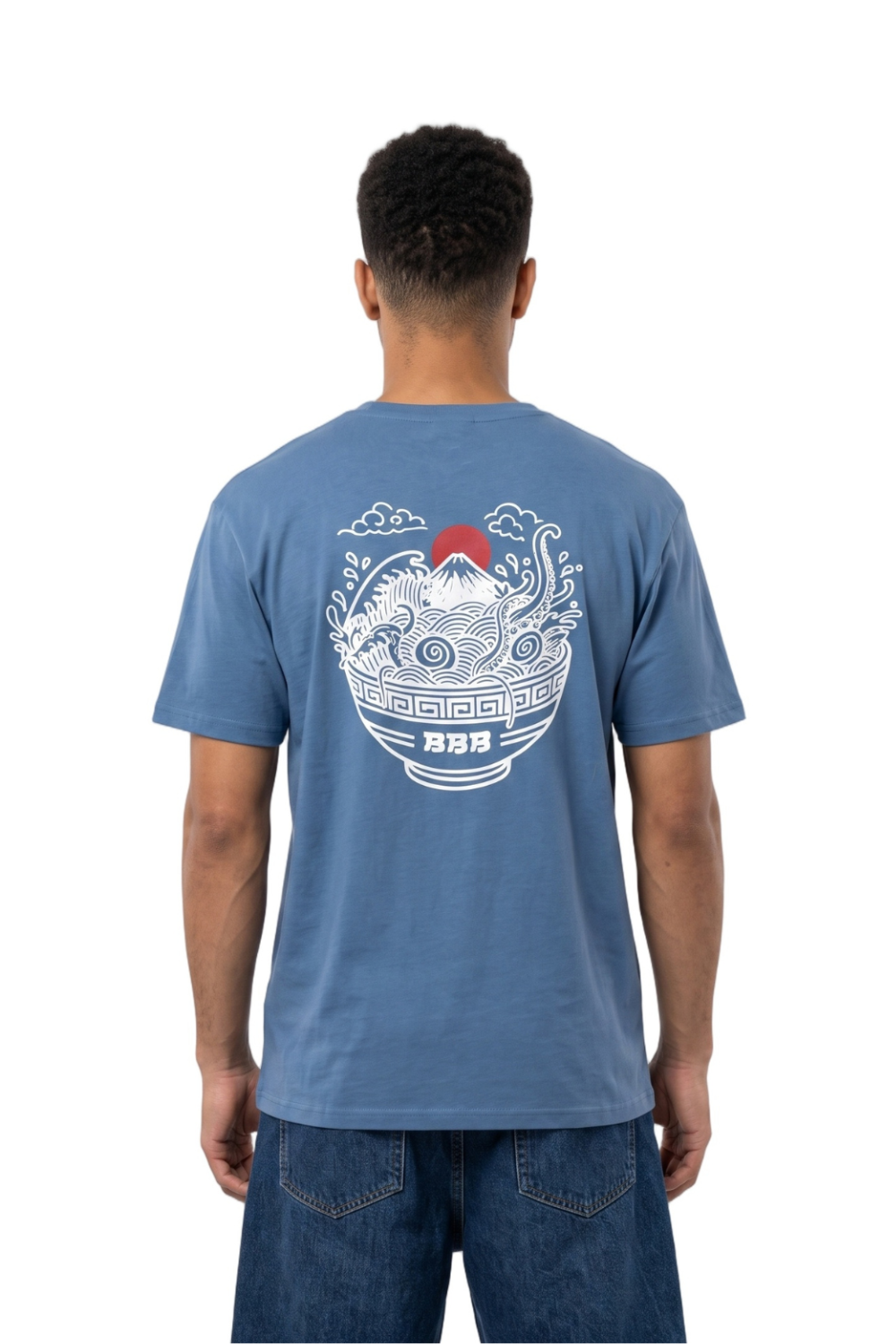 Person wearing a mid blue t-shirt with a graphic noodle bowl print in white and red on the back